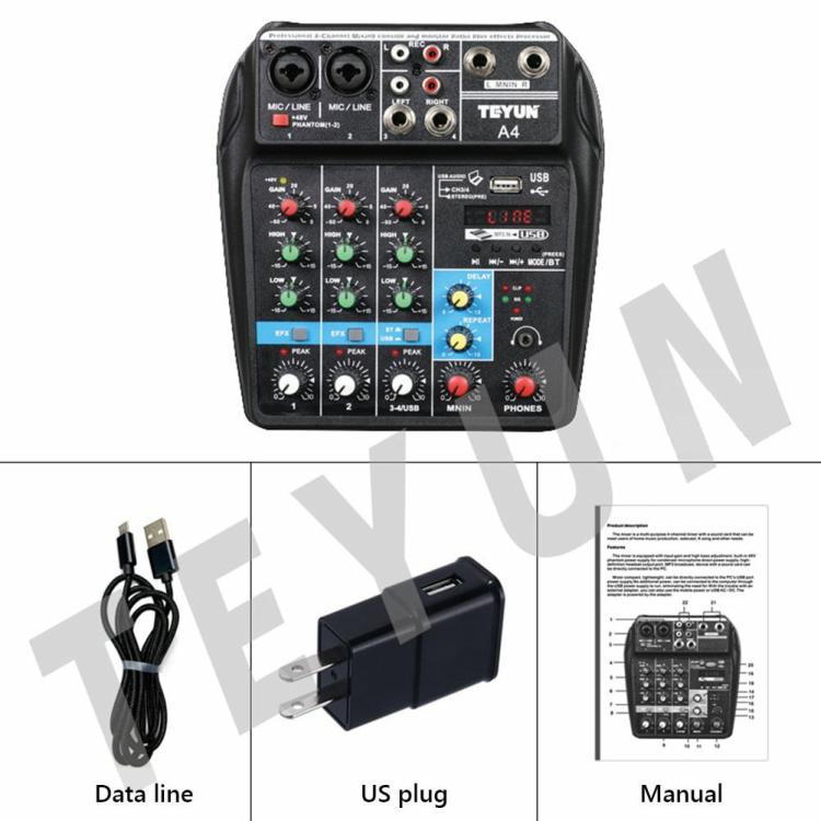 Mixer |   4 Channel Audio Mixer 48V Phantom Power A4 DJ Audio Equipment for Live Broadcast Audio & Video Mixer